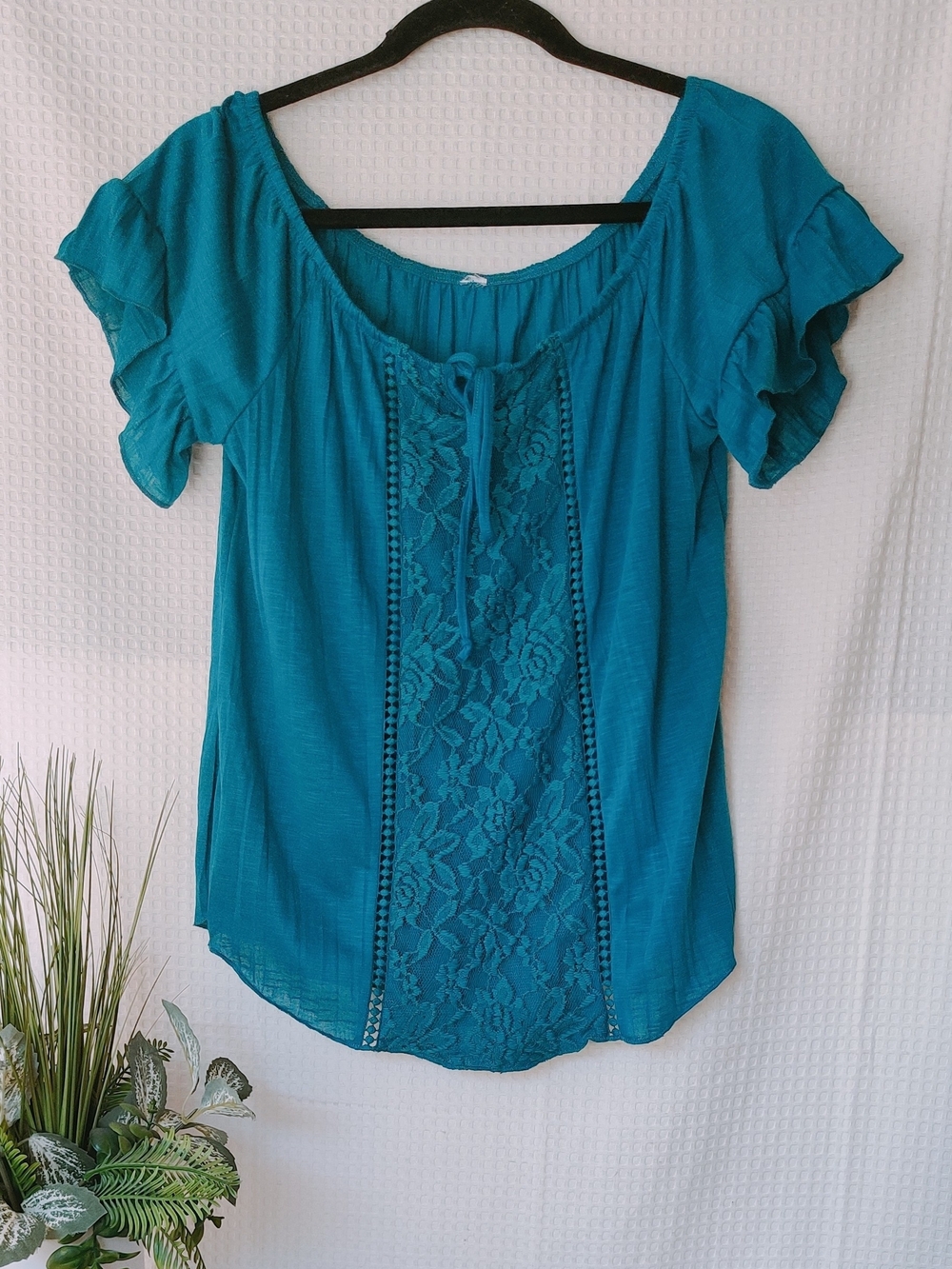 Women's Teal Lace Front Peasant Blouse – Flutter Sleeve Tie Neck Top Size Small